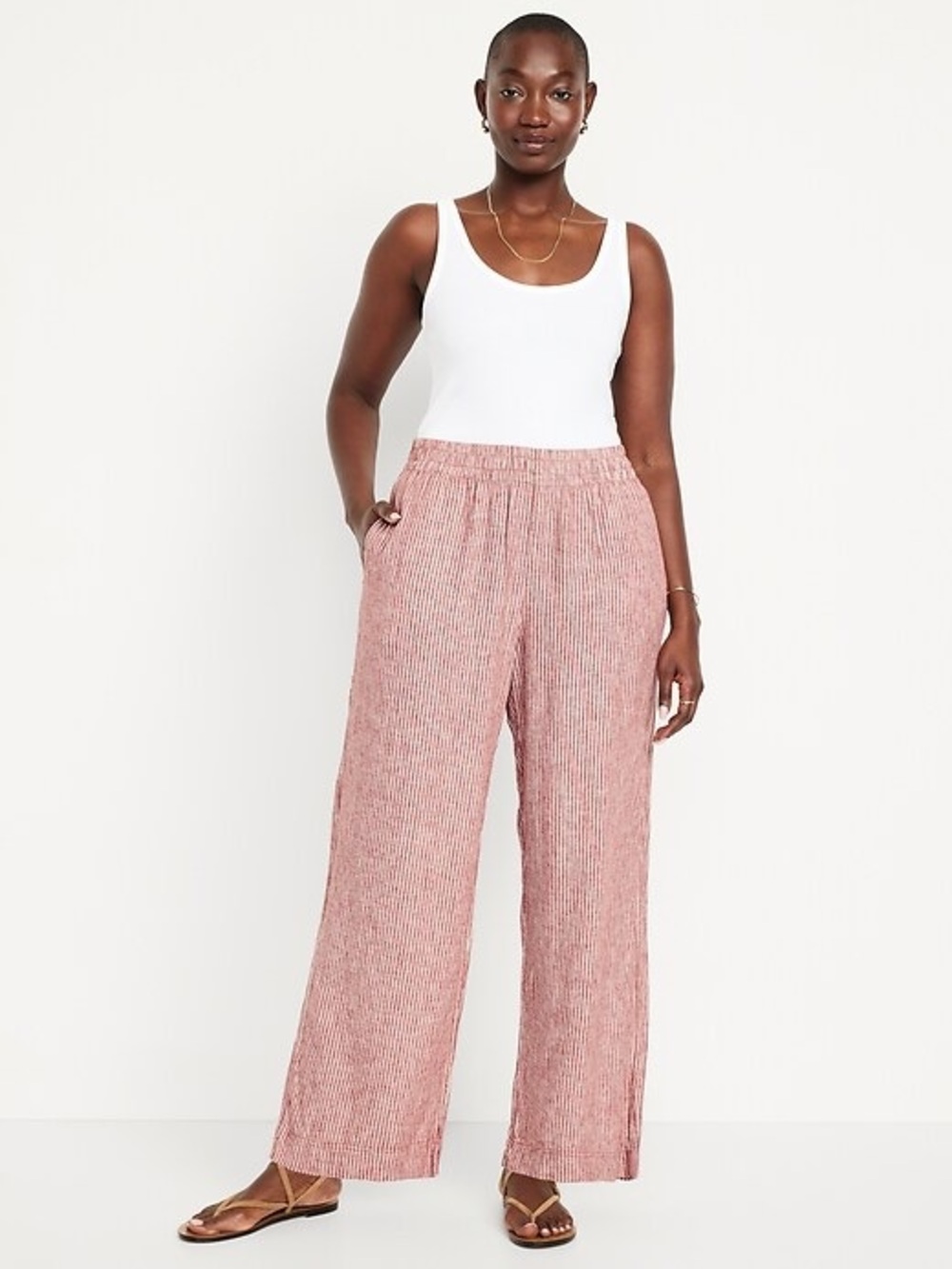 NWT Old Navy High-Waisted Linen-Blend Wide-Leg Pants Red Stripe SMALL PETITE